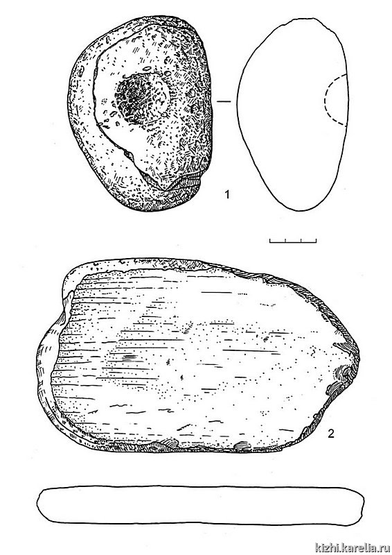 Рис.96. Инвентарь поселения Вожмариха 2: 1 – кварцит, 2 – сланец