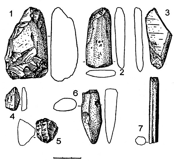 Рис.4. Вещественный материал из поселения Вожмариха 24: 1-3, 6, 7 — сланец;