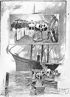 Рис.7. «Посещение «Забияки» кемлянками». 1880-е гг. Рисунок из книги К.Случевского «По Северу России», т.11, СПб, 1887 г.