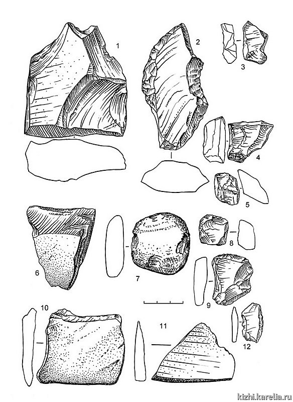 Рис.98. Инвентарь поселения Вожмариха 2: 1–2, 6, 11 – сланец, 3–5, 12 – кварц, 7, 10 – кварцит, 8 – кремень, 9 – лидит